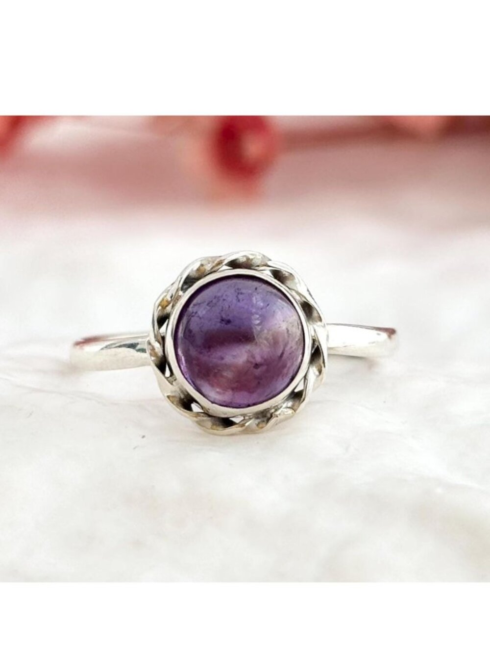 Minimalist Amethyst Cabochon Solitaire Sterling Silver 925 Vintage Ring - sz 6